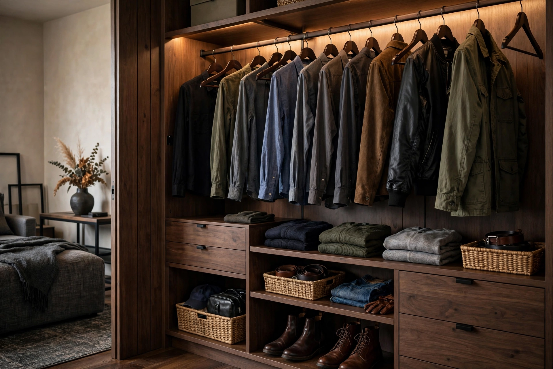 Organized closet with matching wooden hangers in a masculine studio apartment