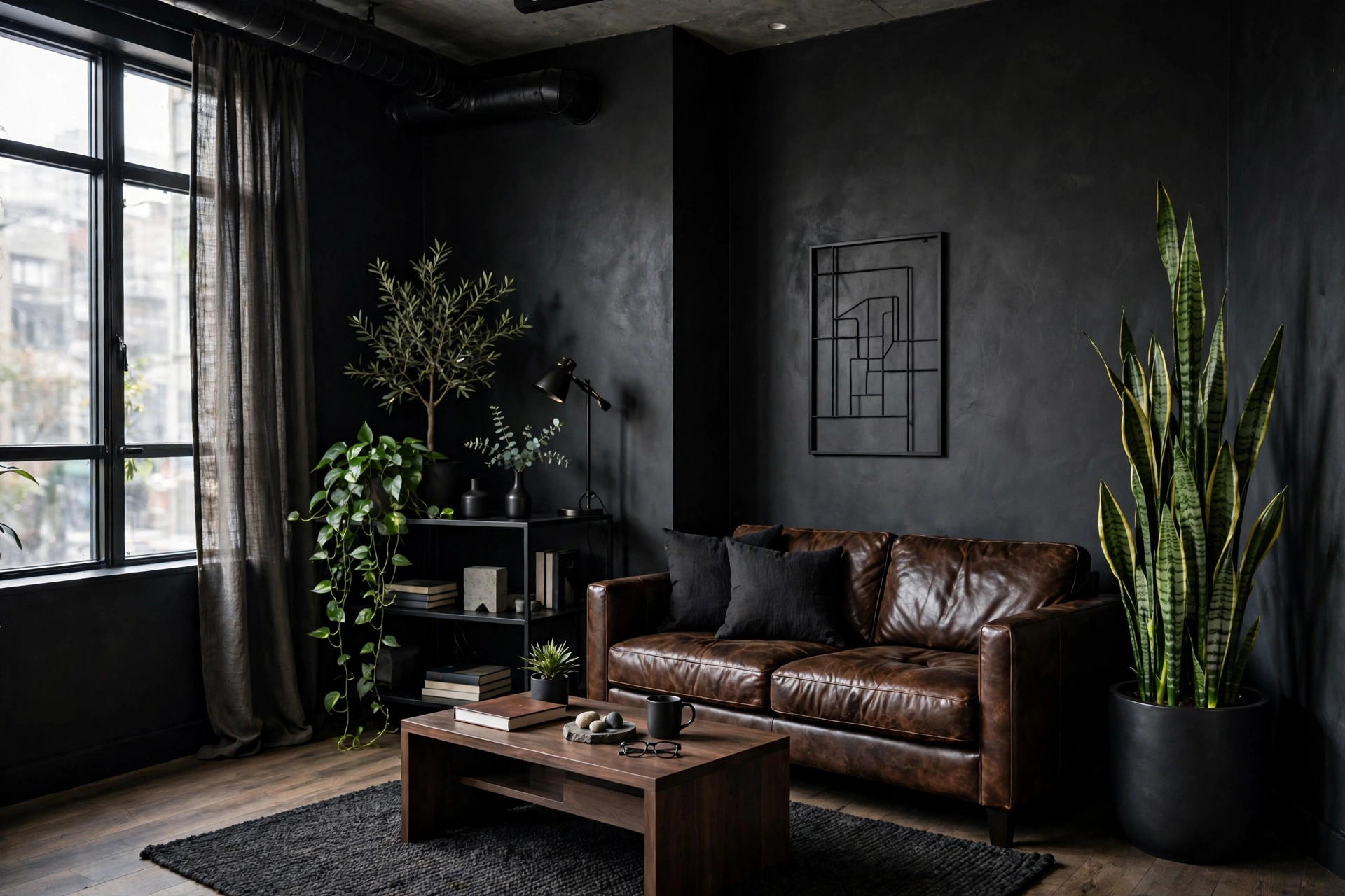 Large snake plant in black planter in the corner of a masculine studio apartment