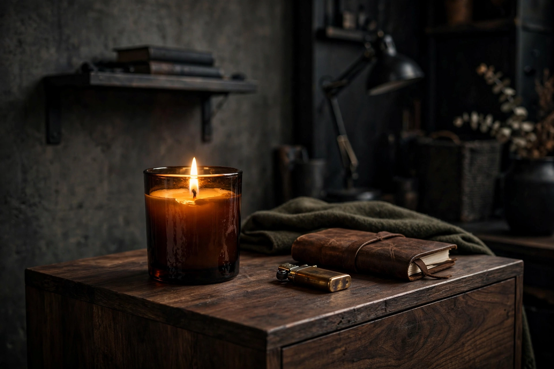 Leather and cedar scented candle on a dark wood side table in a masculine studio