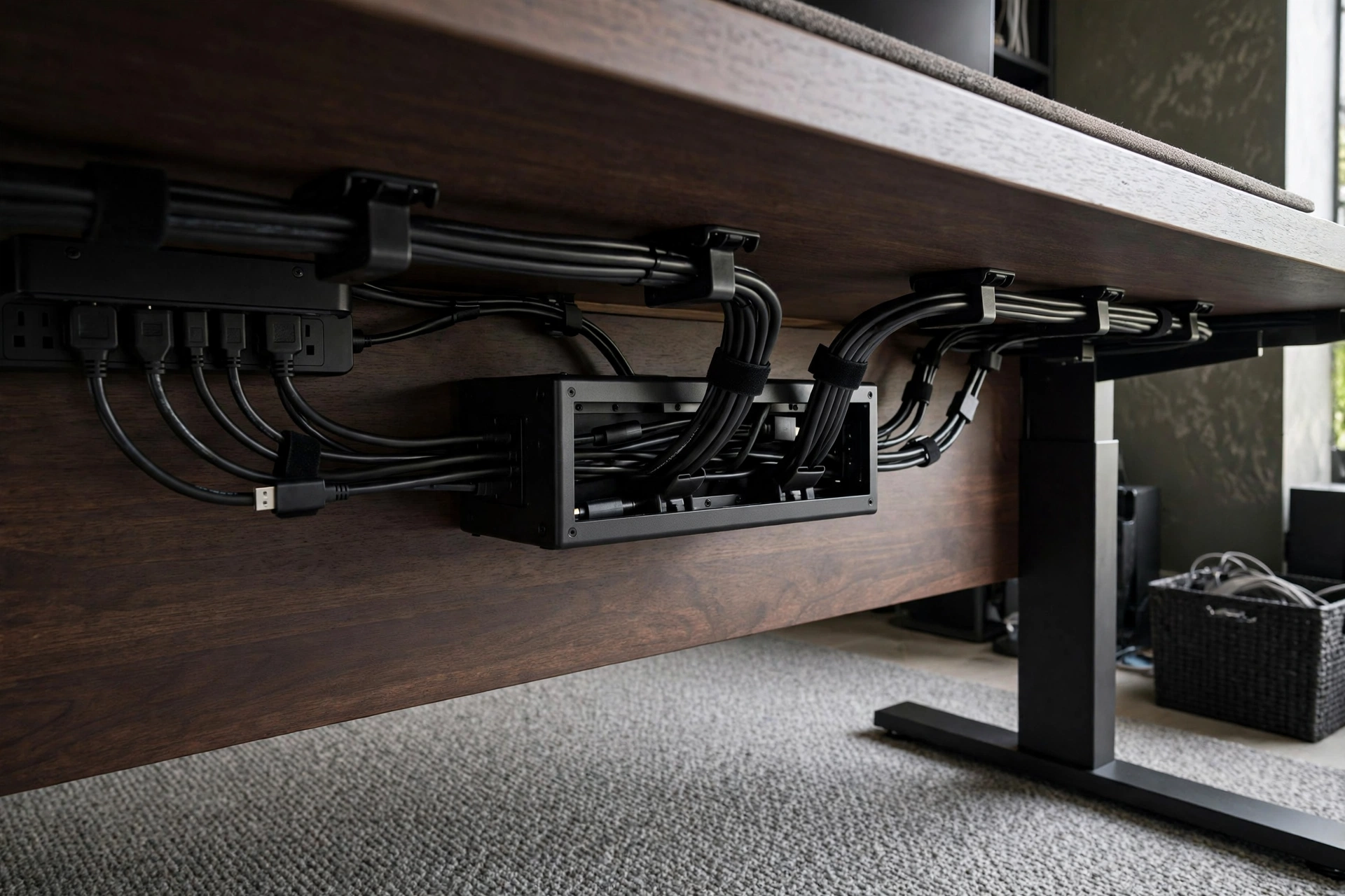 Clean cable management under a desk in a masculine studio home office