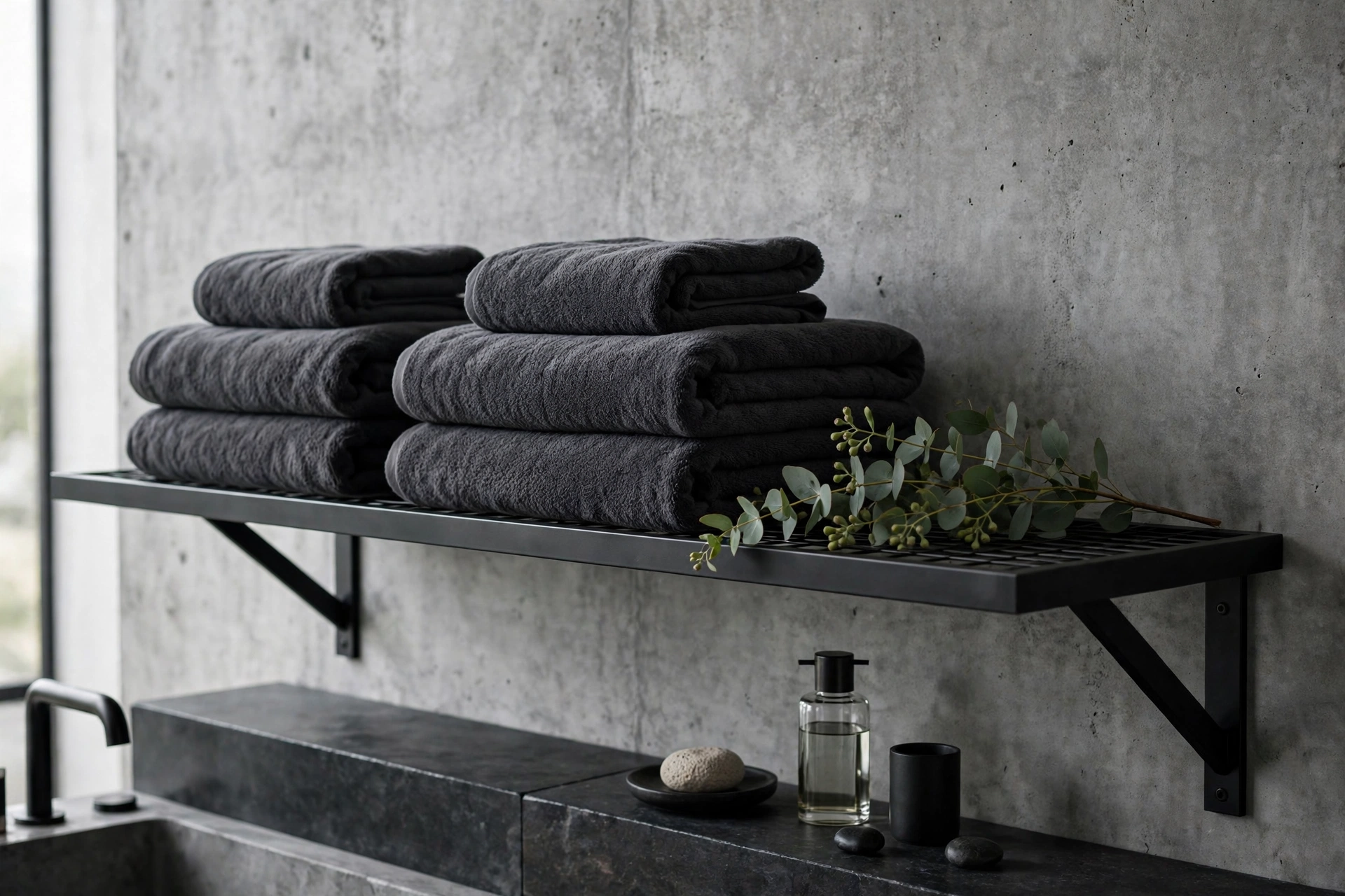 Thick dark gray towels neatly folded in a masculine studio bathroom