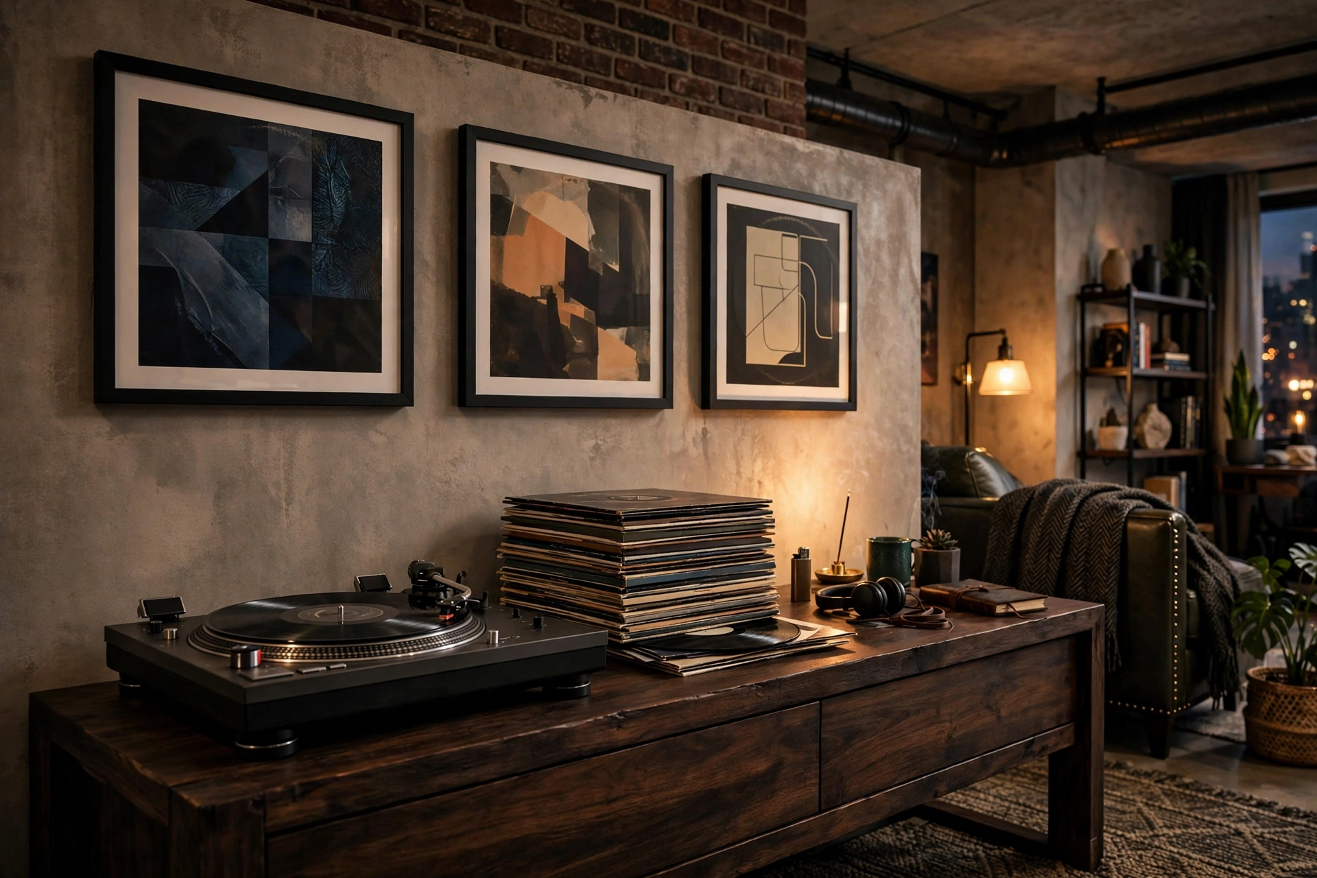 Vinyl records and turntable styled on a console in a masculine studio apartment