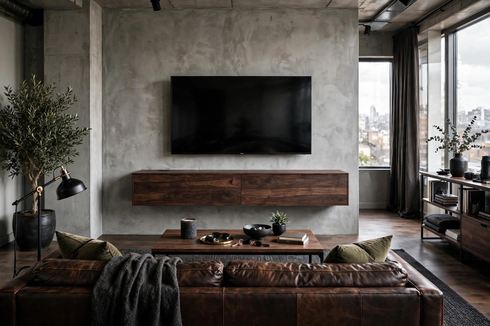 Wall mounted TV with hidden cables above a dark wood console in a masculine studio