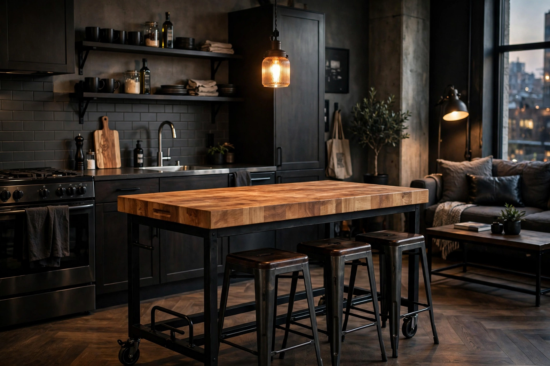 Rolling butcher block kitchen island in a masculine studio apartment kitchen