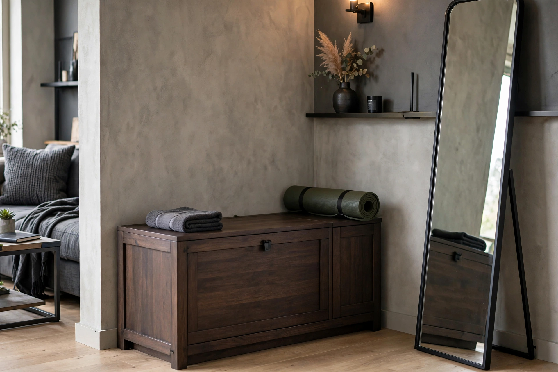 Discreet gym corner with storage bench and dumbbells in a masculine studio apartment