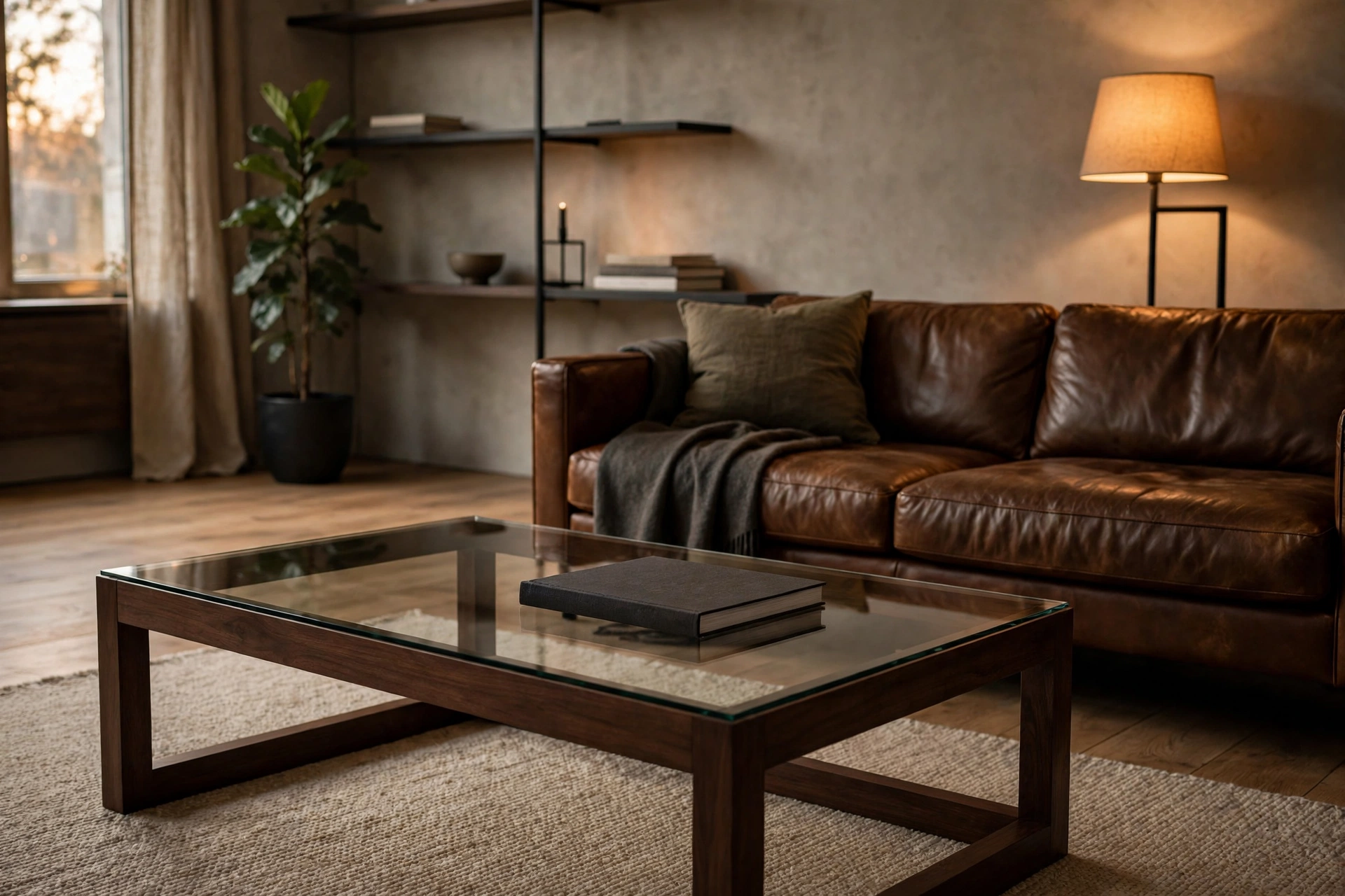 Perfectly clear coffee table with single book in a masculine studio living room