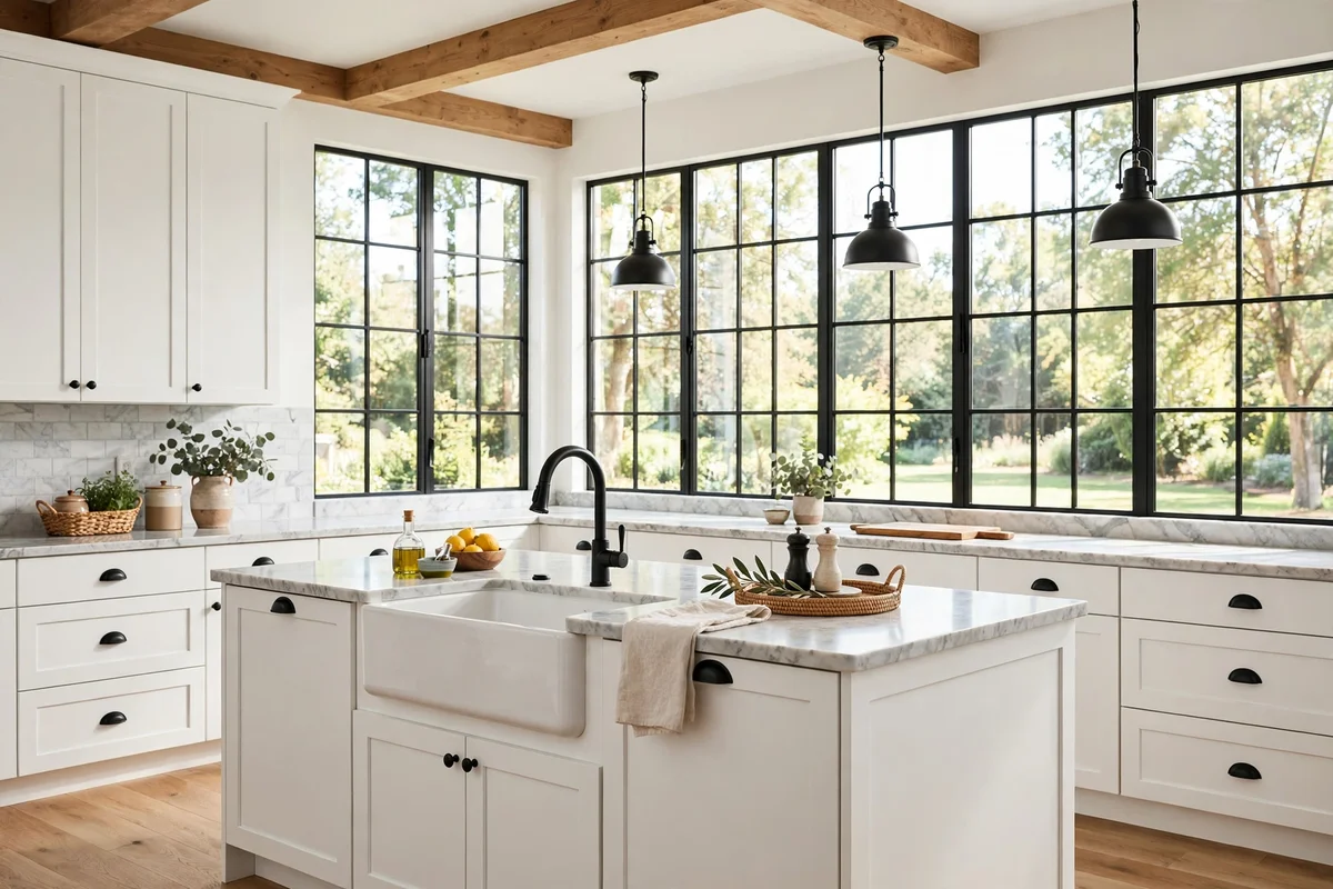 White shaker cabinets in a modern farmhouse kitchen