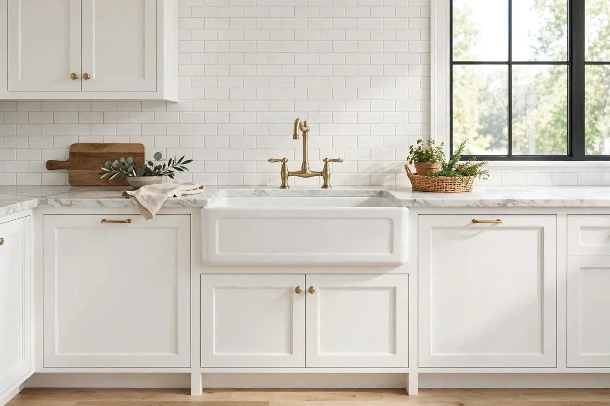 White apron-front farmhouse sink with brass faucet