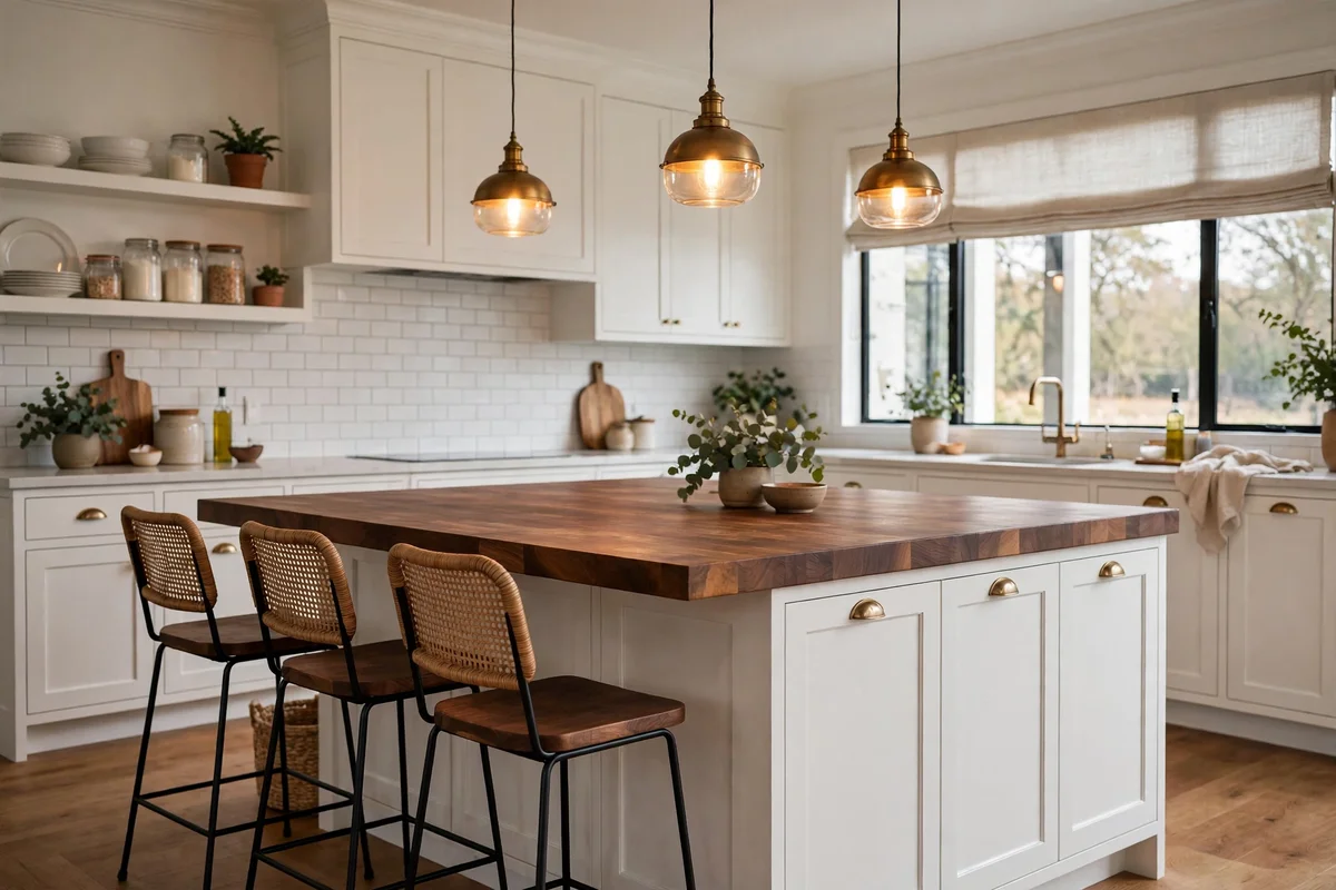 Walnut butcher block countertop on a kitchen island
