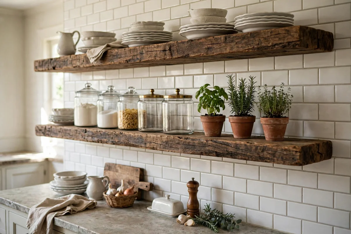 Open wooden shelves with white dishes in a farmhouse kitchen