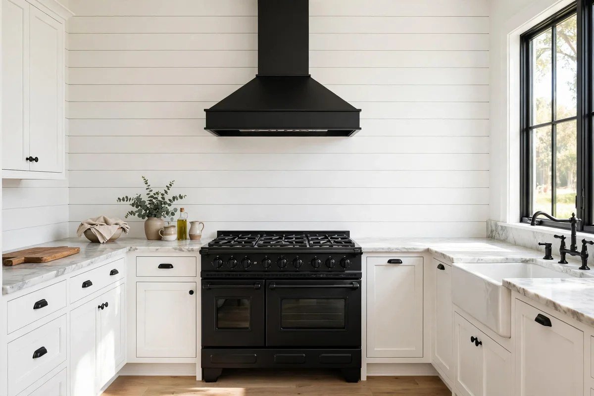 White shiplap backsplash behind a farmhouse range