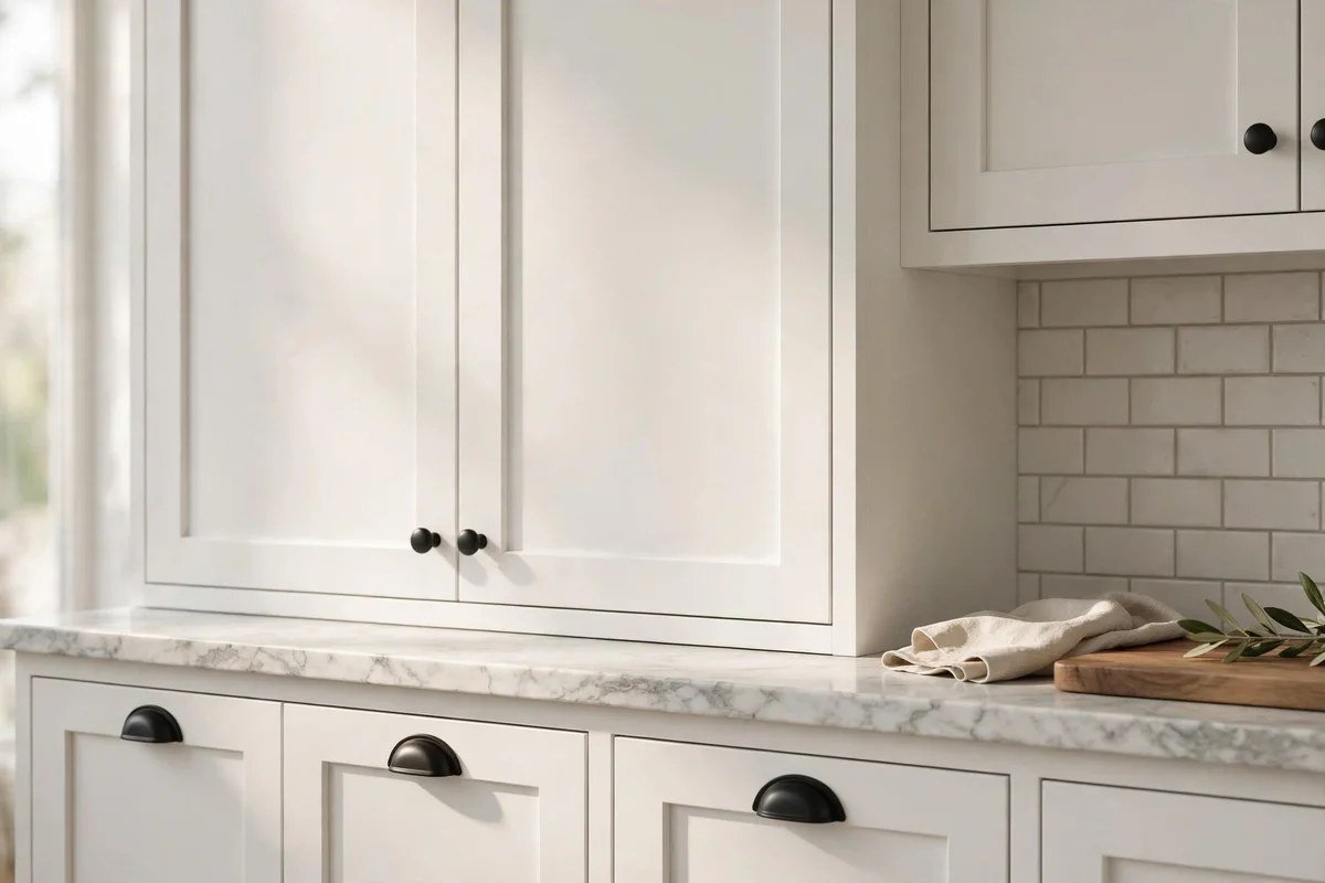 Matte black cup pulls on white shaker kitchen cabinets