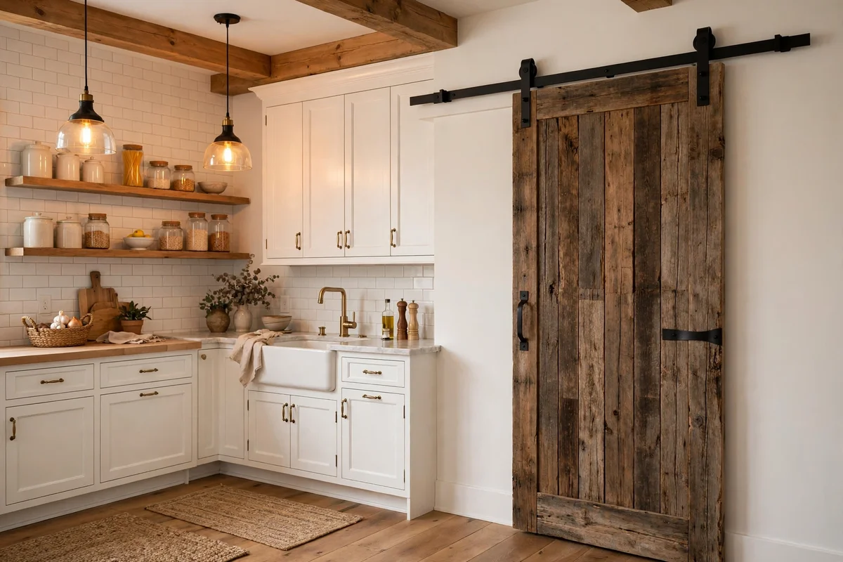 Sliding barn door on a kitchen pantry with black hardware