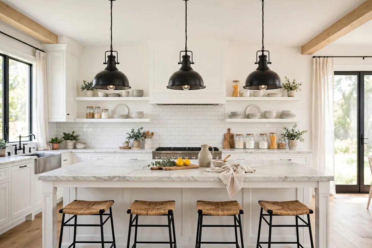 Black industrial pendant lights over a farmhouse kitchen island