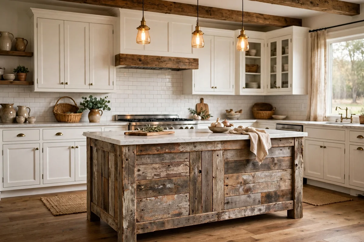 Reclaimed wood kitchen island with white countertop