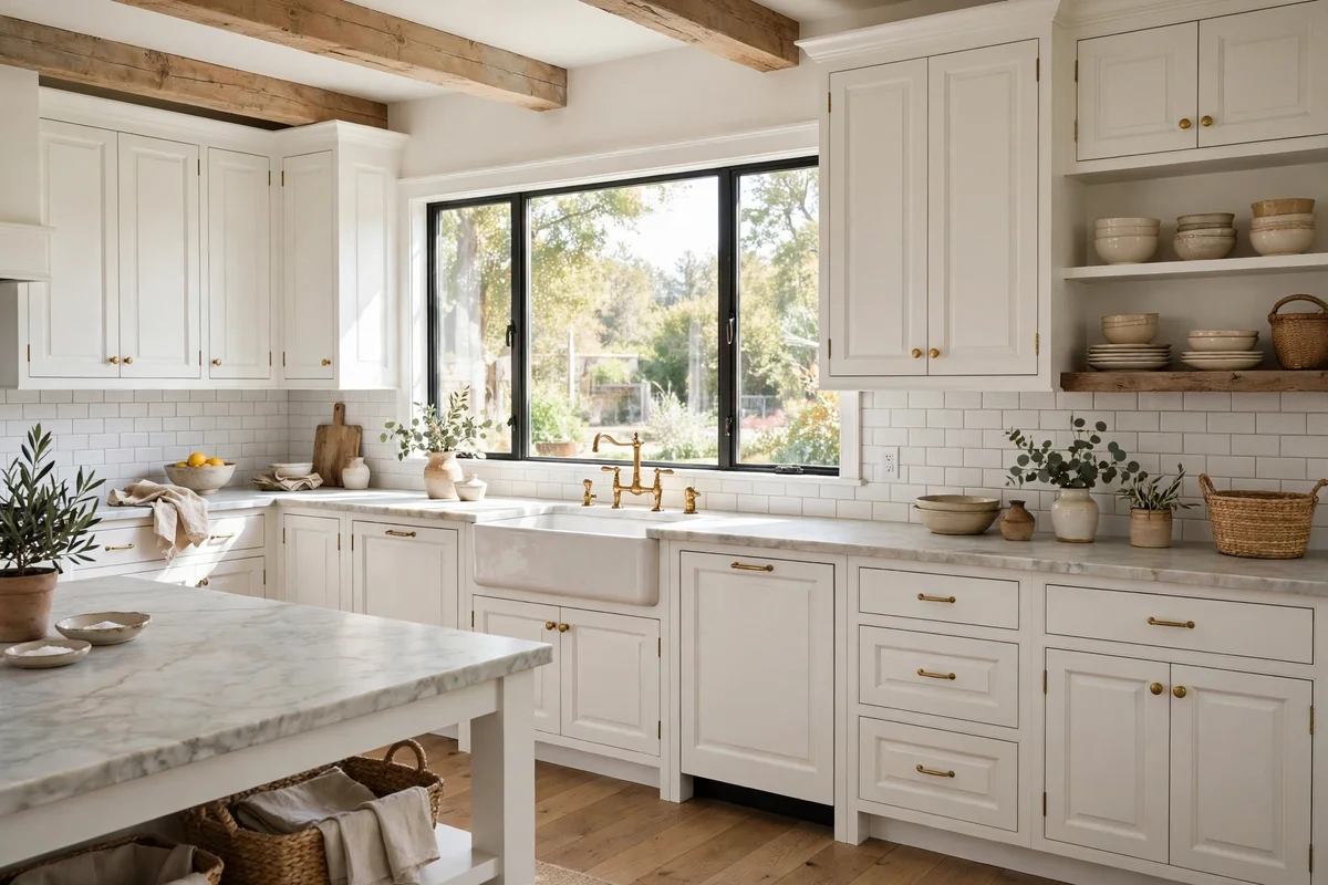Honed marble countertops in a white farmhouse kitchen