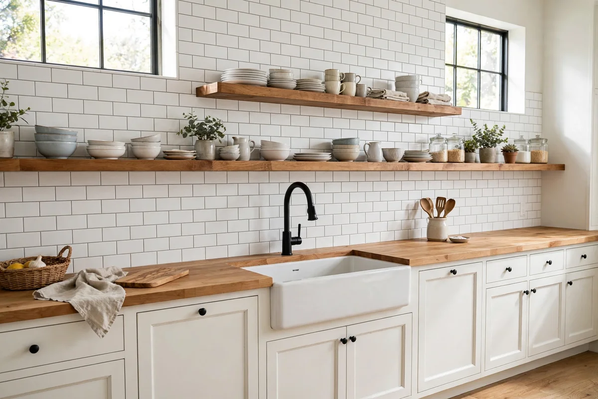 White subway tile backsplash in a farmhouse kitchen