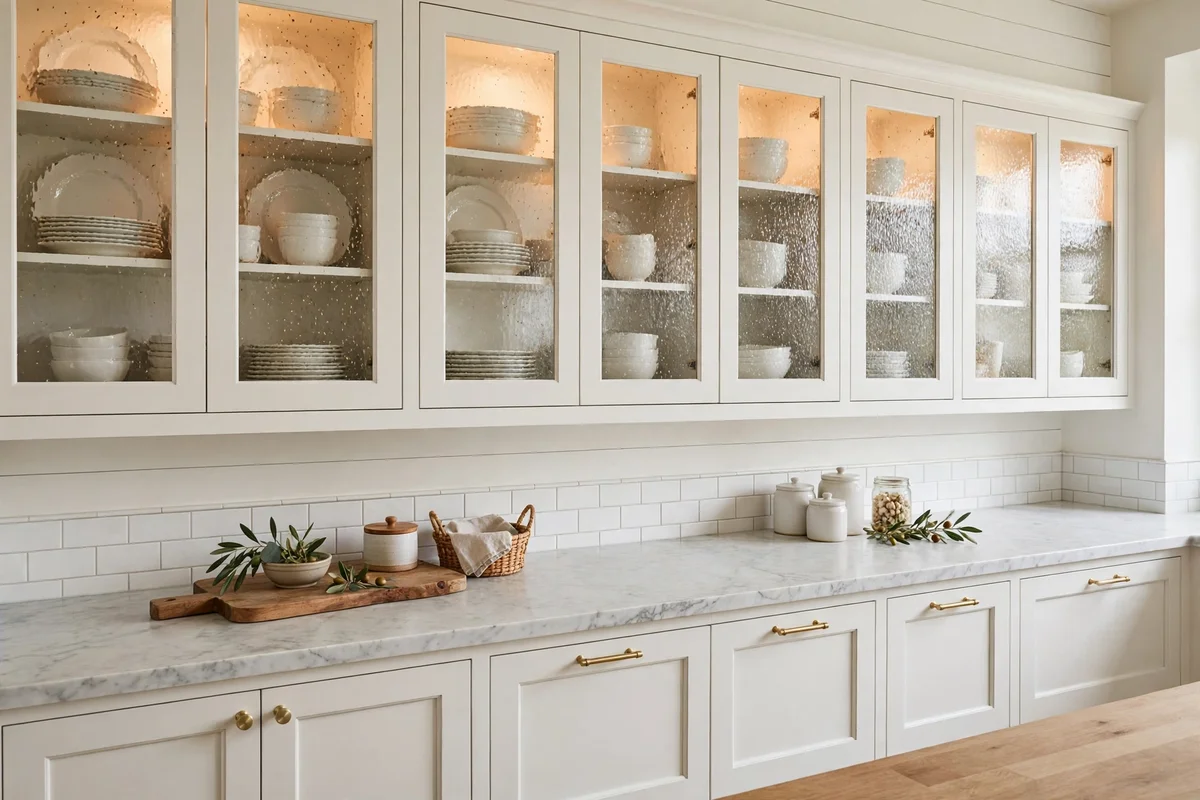 Glass-front upper cabinets with dishes in a farmhouse kitchen