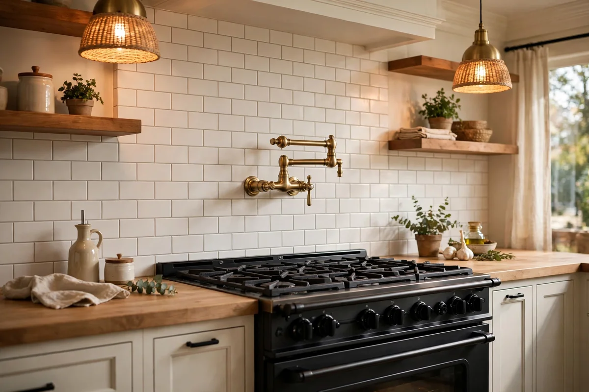 Brass pot filler faucet over a farmhouse range