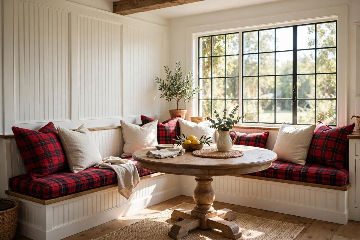 Cozy farmhouse breakfast nook with banquette seating