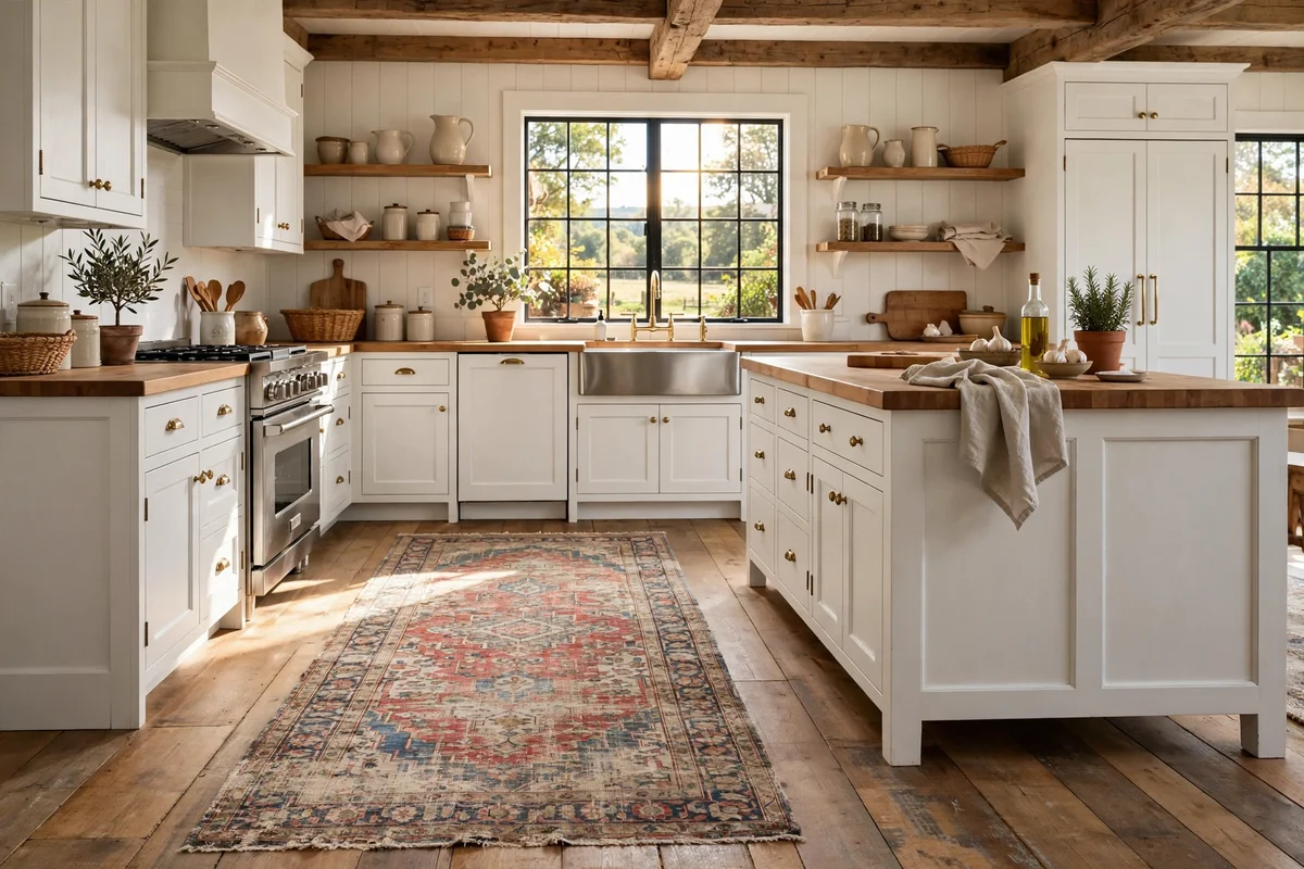 Vintage runner rug in a farmhouse kitchen