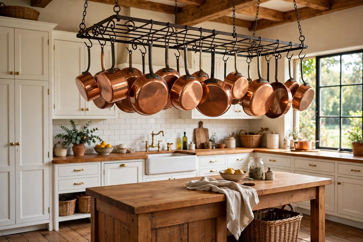 Copper pots hanging on a rack in a farmhouse kitchen