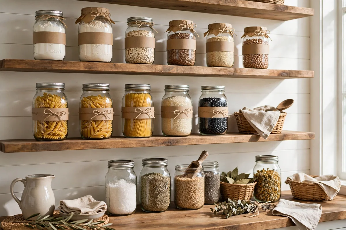 Mason jars with dry goods on farmhouse kitchen shelves