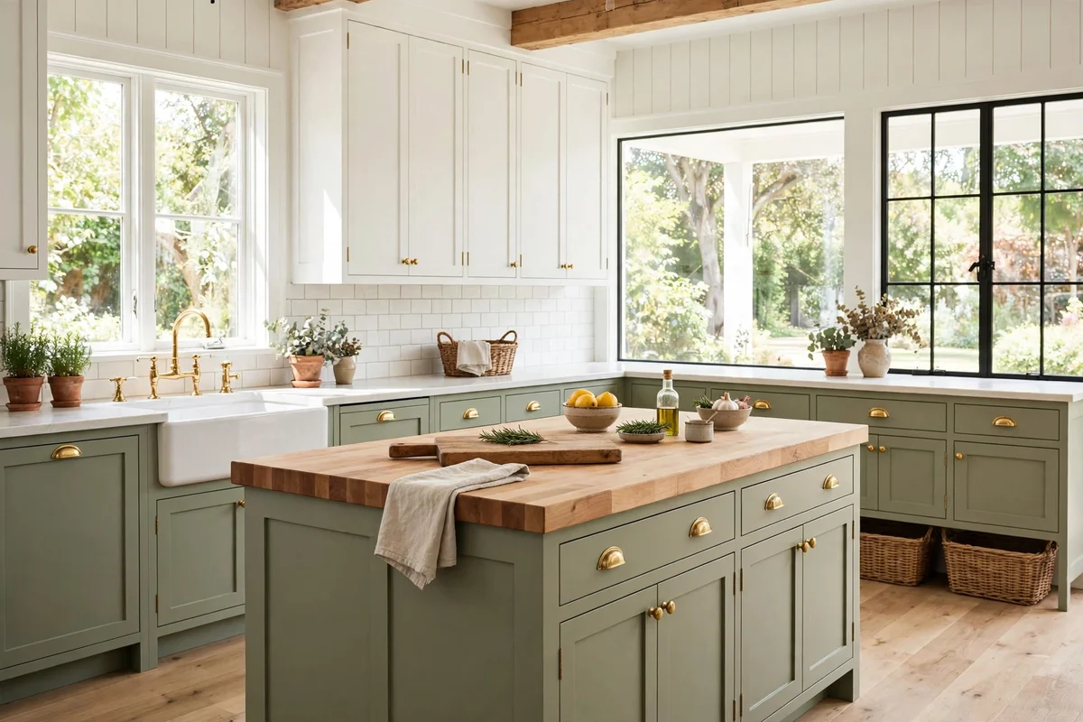 Sage green lower cabinets in a farmhouse kitchen