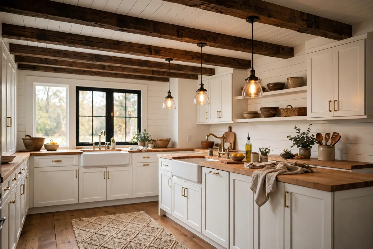 Exposed wood beams on a farmhouse kitchen ceiling