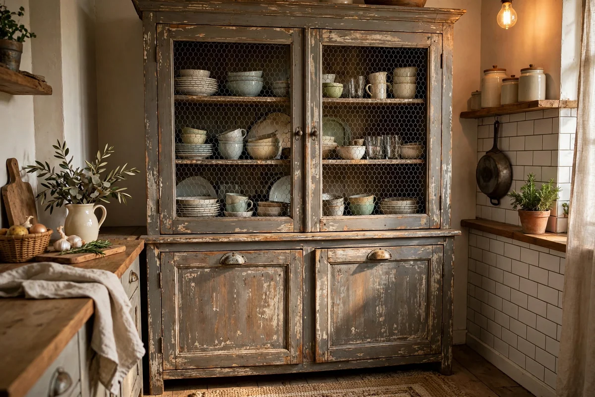 Chicken wire cabinet doors on a farmhouse hutch