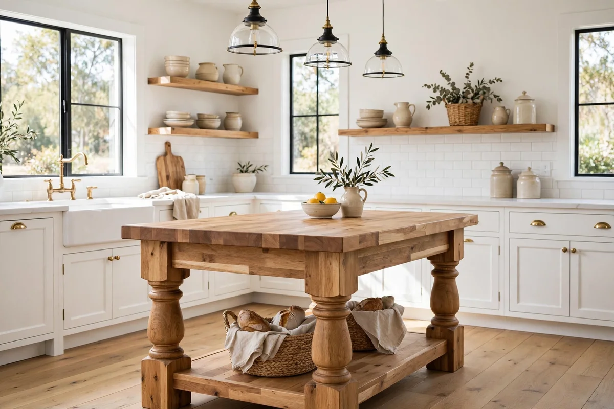 Farmhouse table used as a kitchen island