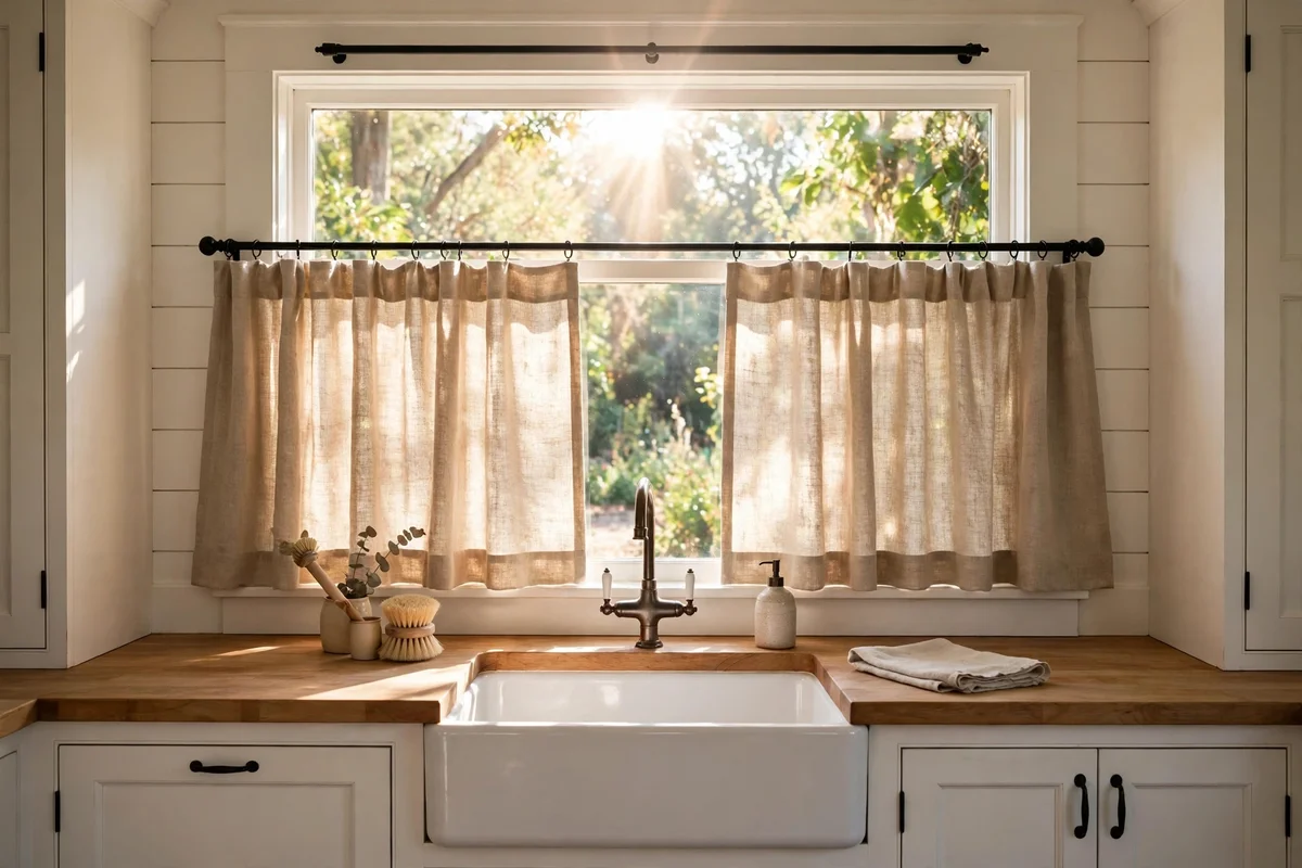 Linen cafe curtains on a farmhouse kitchen window