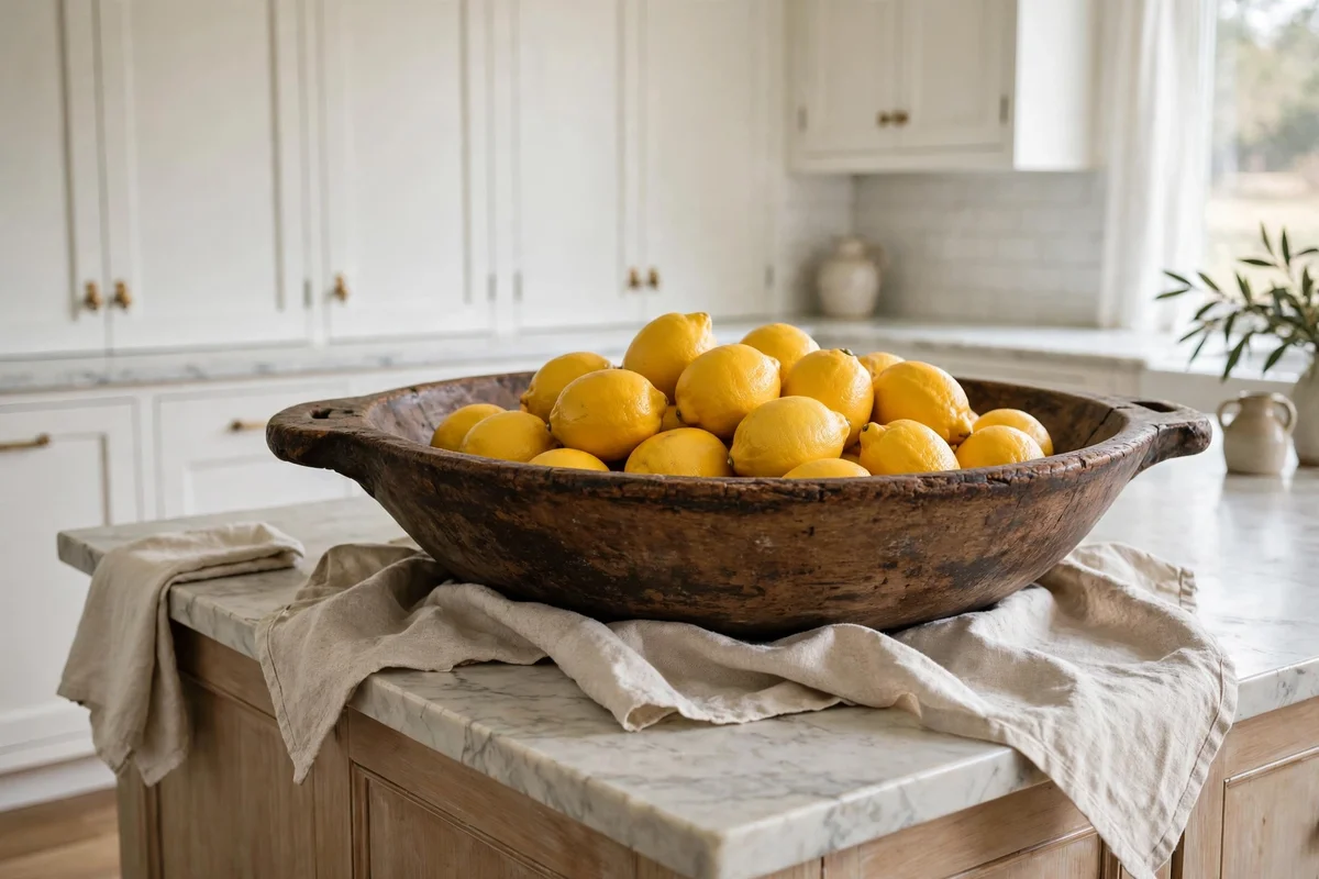 Vintage dough bowl with lemons on a kitchen island