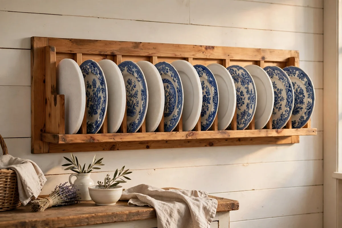 Plate rack display wall in a farmhouse kitchen