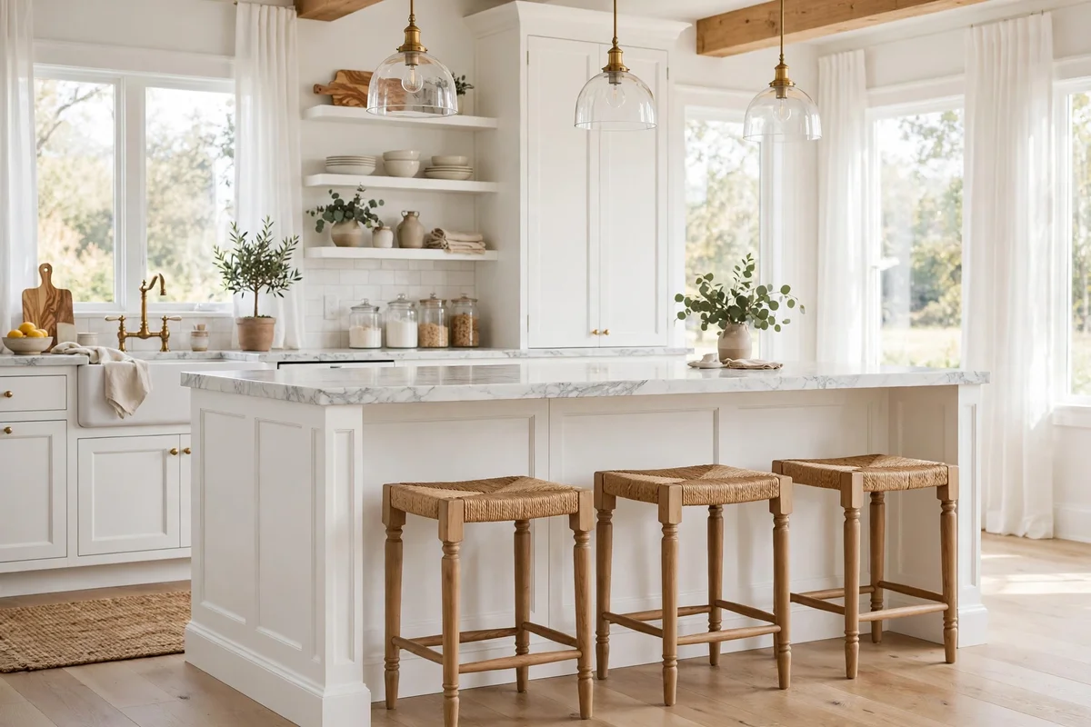 Woven rush bar stools at a farmhouse kitchen island