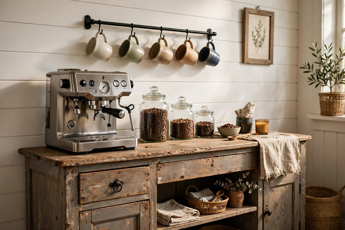 Farmhouse coffee bar station with mugs