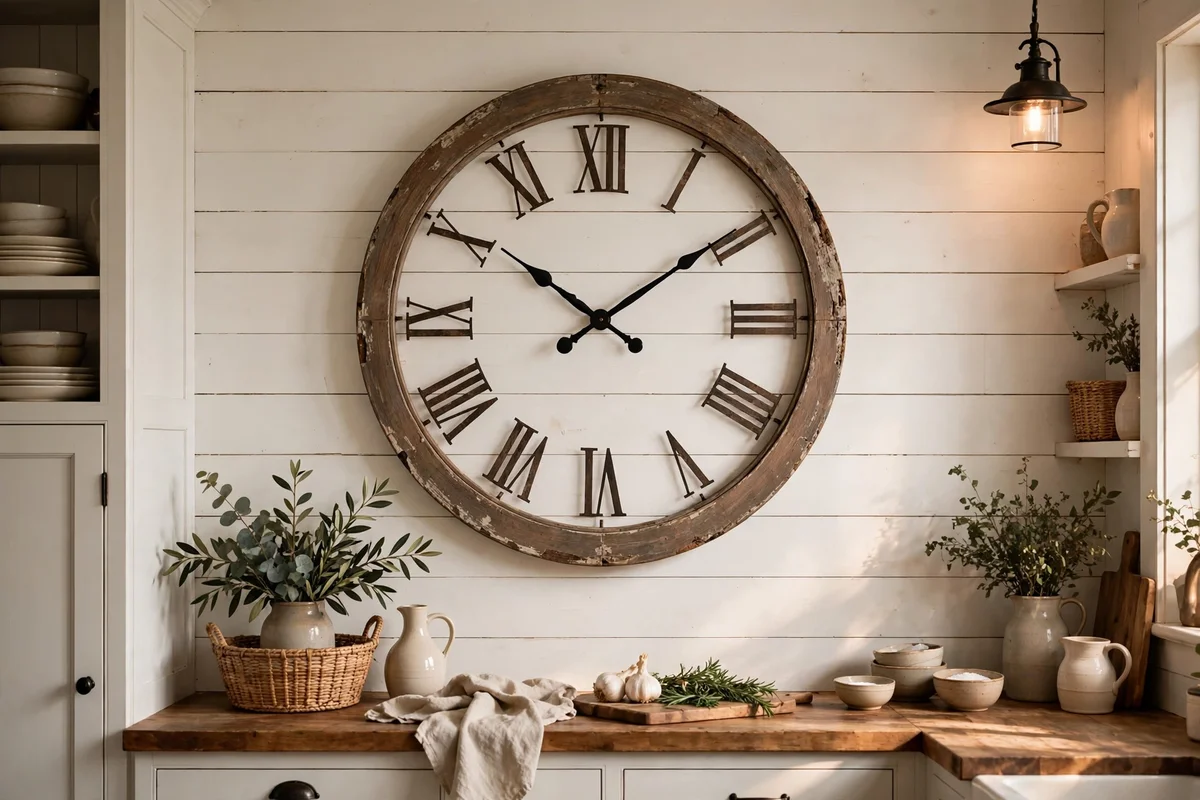 Large round clock on a farmhouse kitchen wall