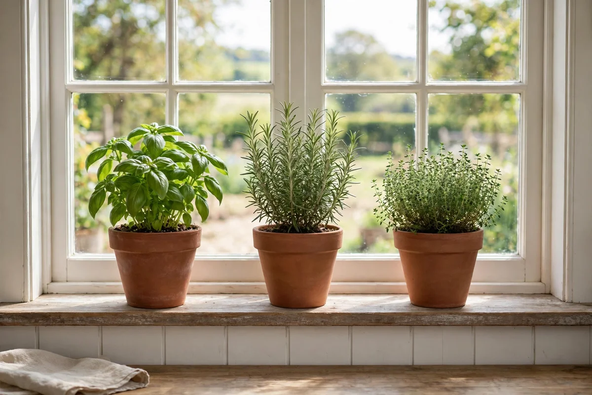 Potted herbs on a farmhouse kitchen windowsill