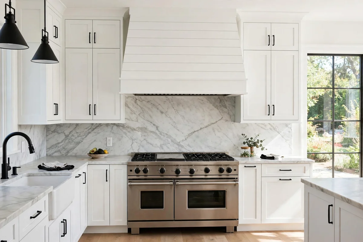 Shiplap range hood in a farmhouse kitchen