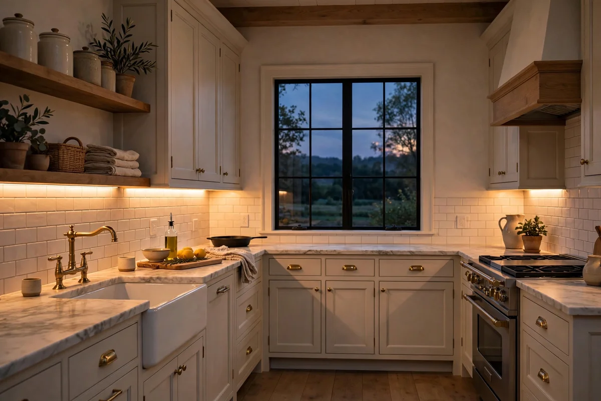 Warm under-cabinet lighting in a farmhouse kitchen