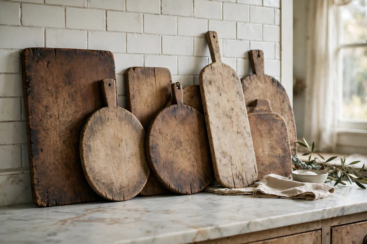 Vintage cutting boards displayed in a farmhouse kitchen