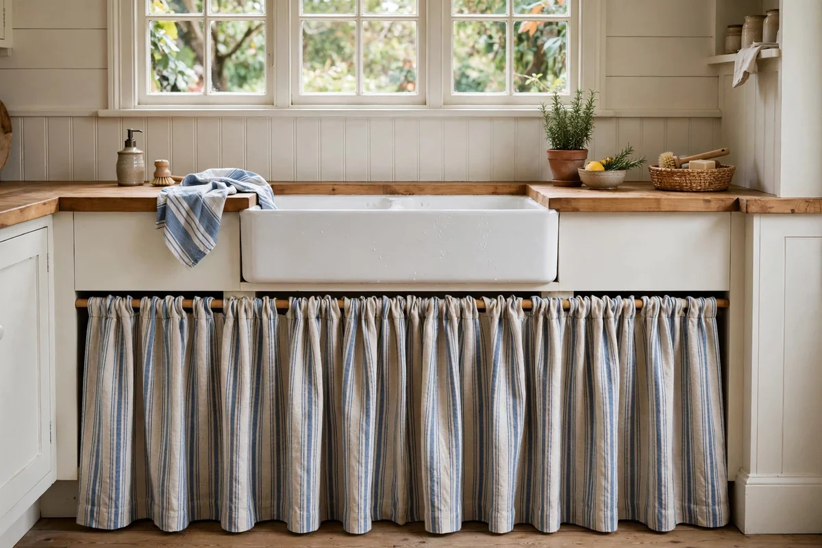 Linen sink skirt under a farmhouse kitchen sink