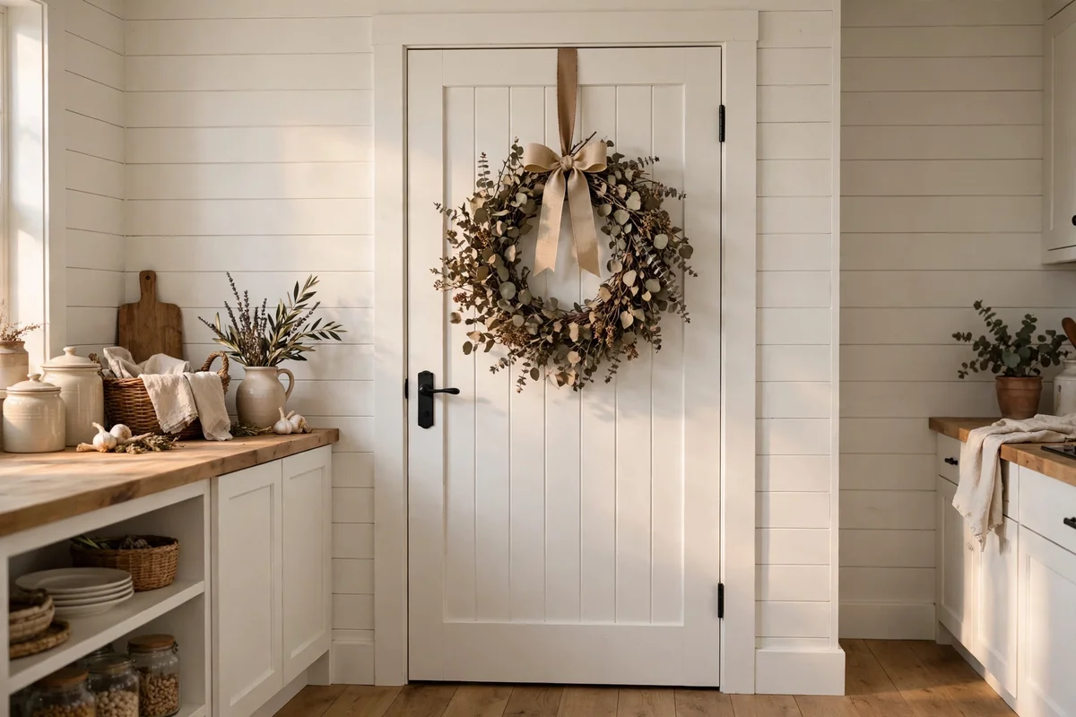 Eucalyptus wreath on a farmhouse pantry door