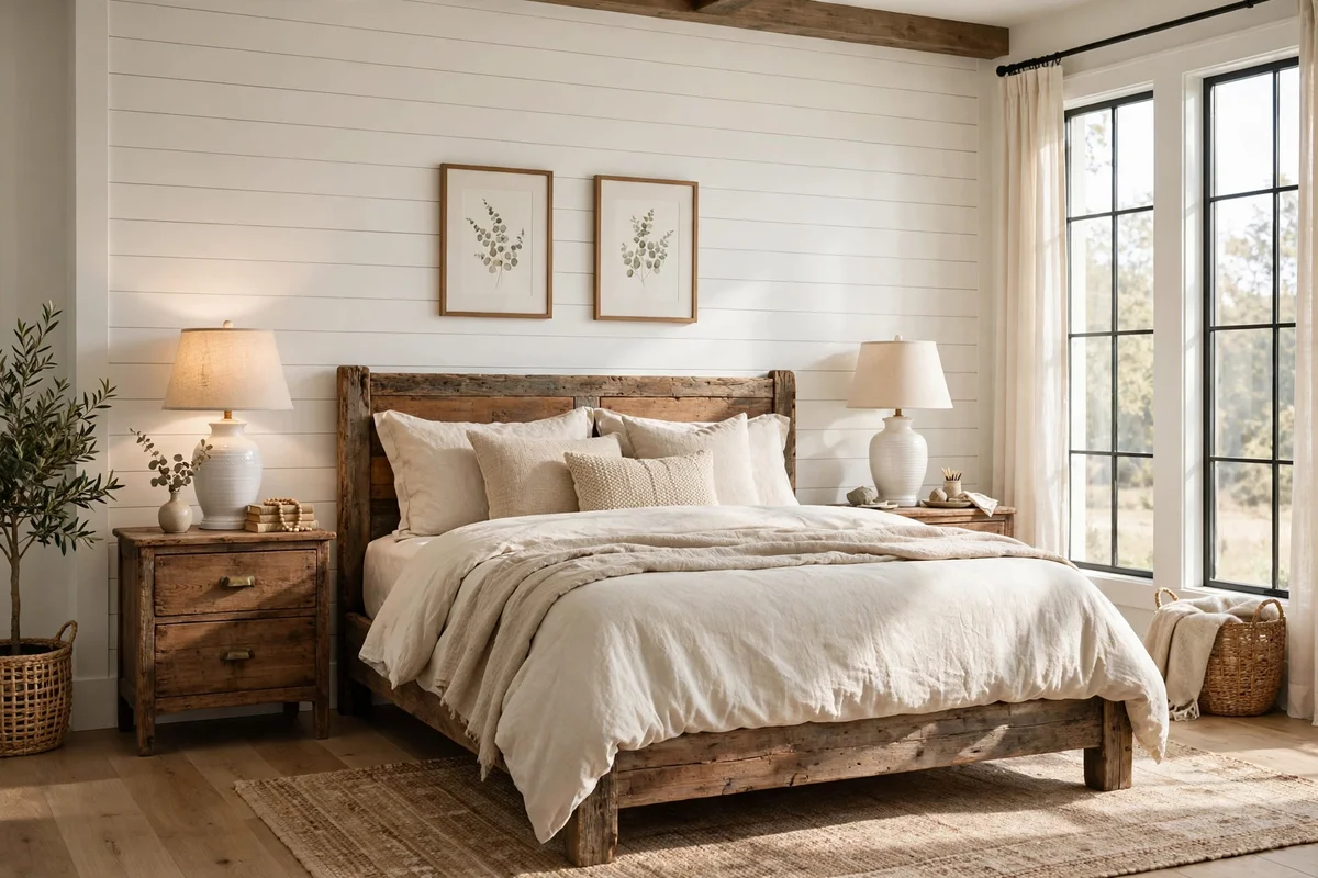 Modern farmhouse bedroom with white shiplap accent wall behind rustic wood bed
