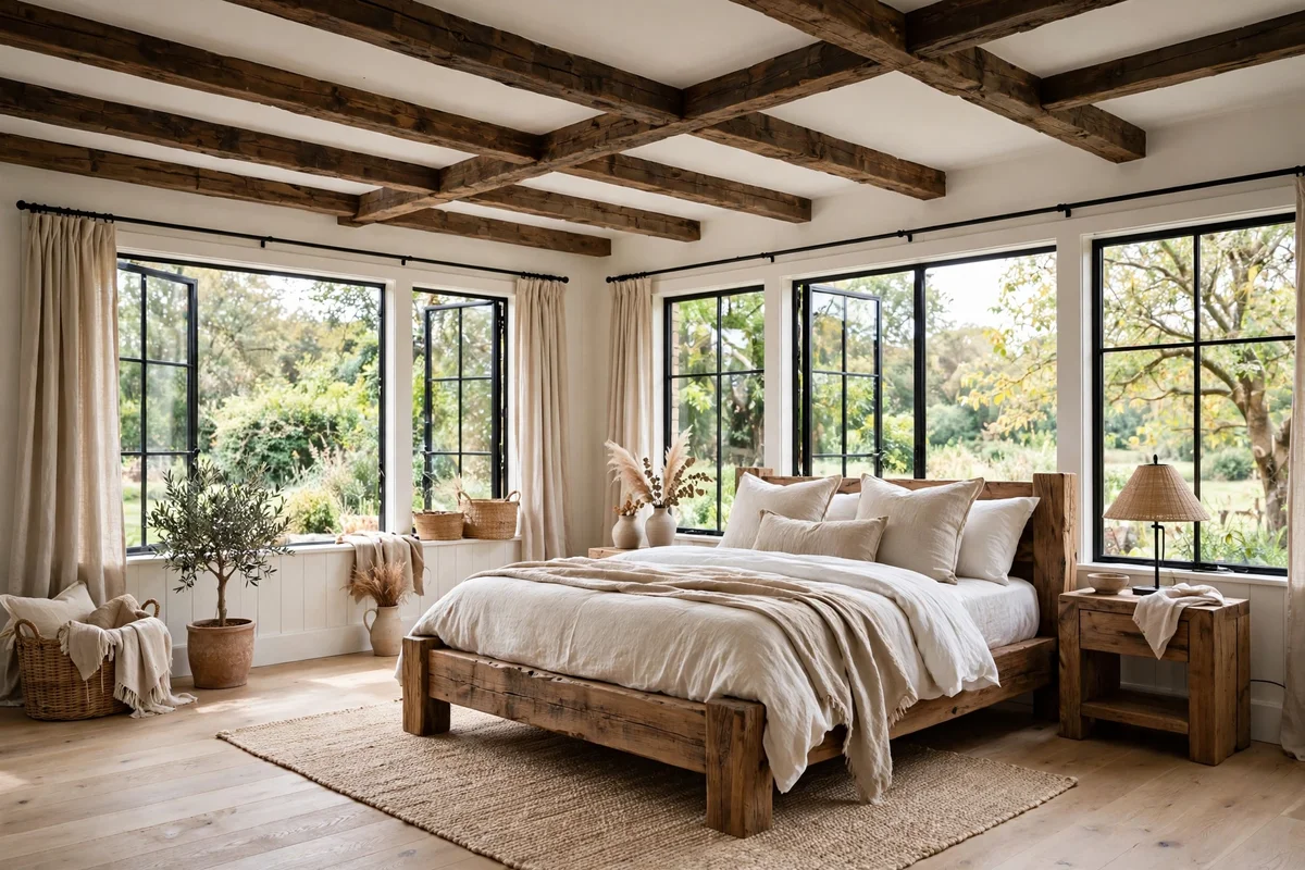 Farmhouse bedroom with exposed wooden ceiling beams and white ceiling