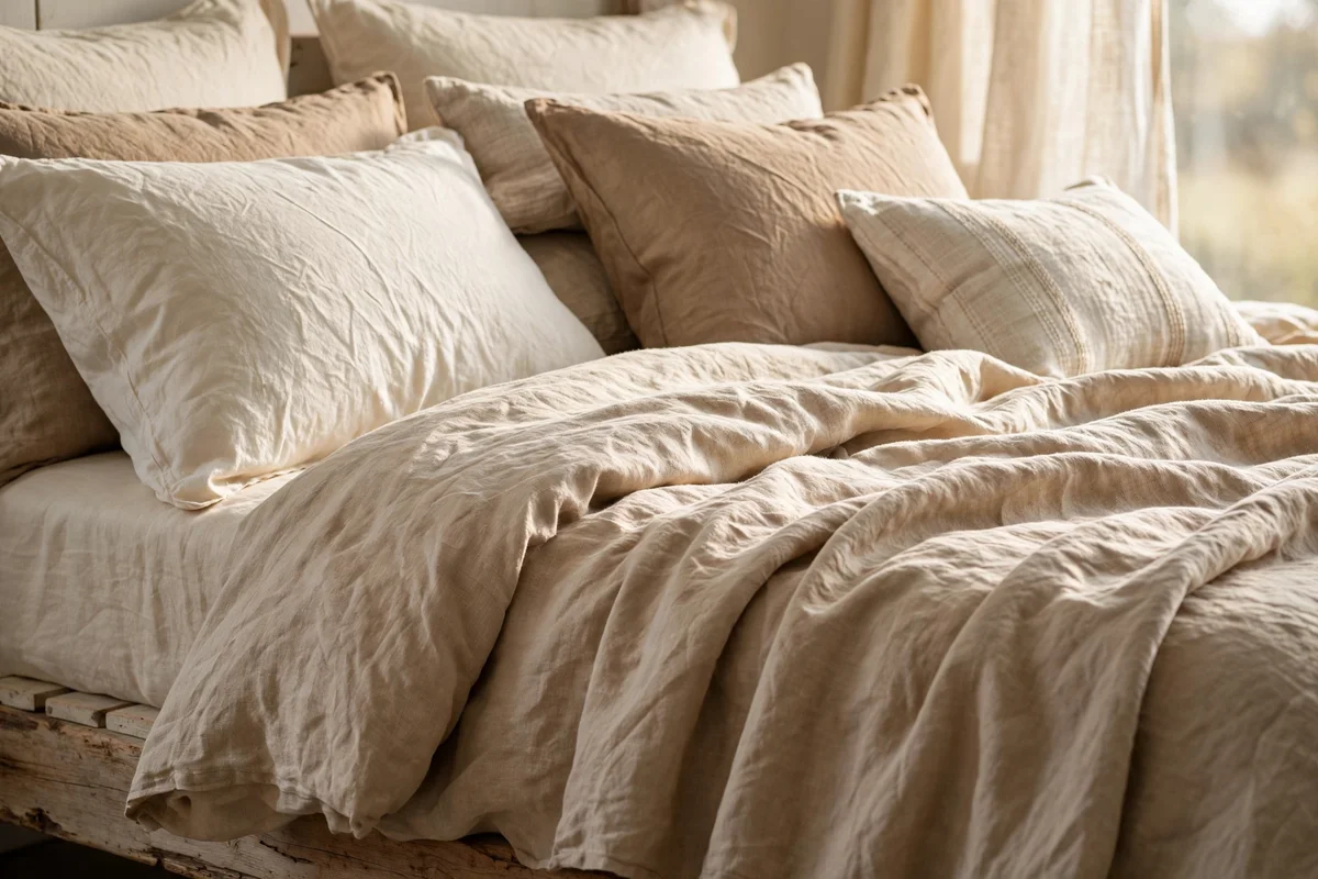 Close-up of natural linen bedding in warm neutral tones on farmhouse bed
