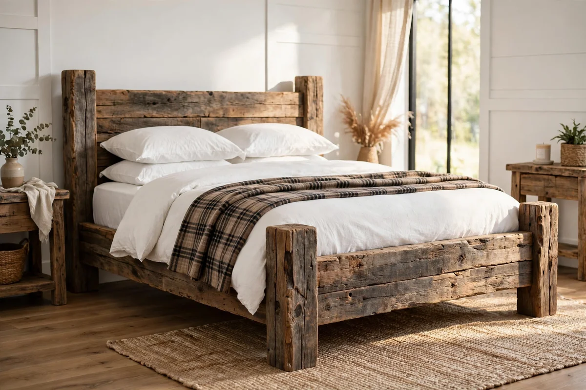 Chunky rustic reclaimed wood bed frame in farmhouse bedroom