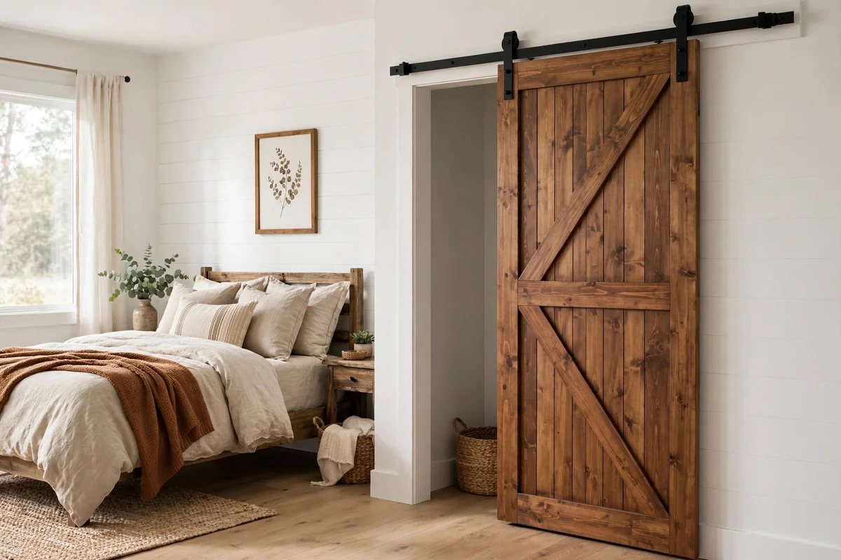 Sliding barn door on black metal track in farmhouse bedroom