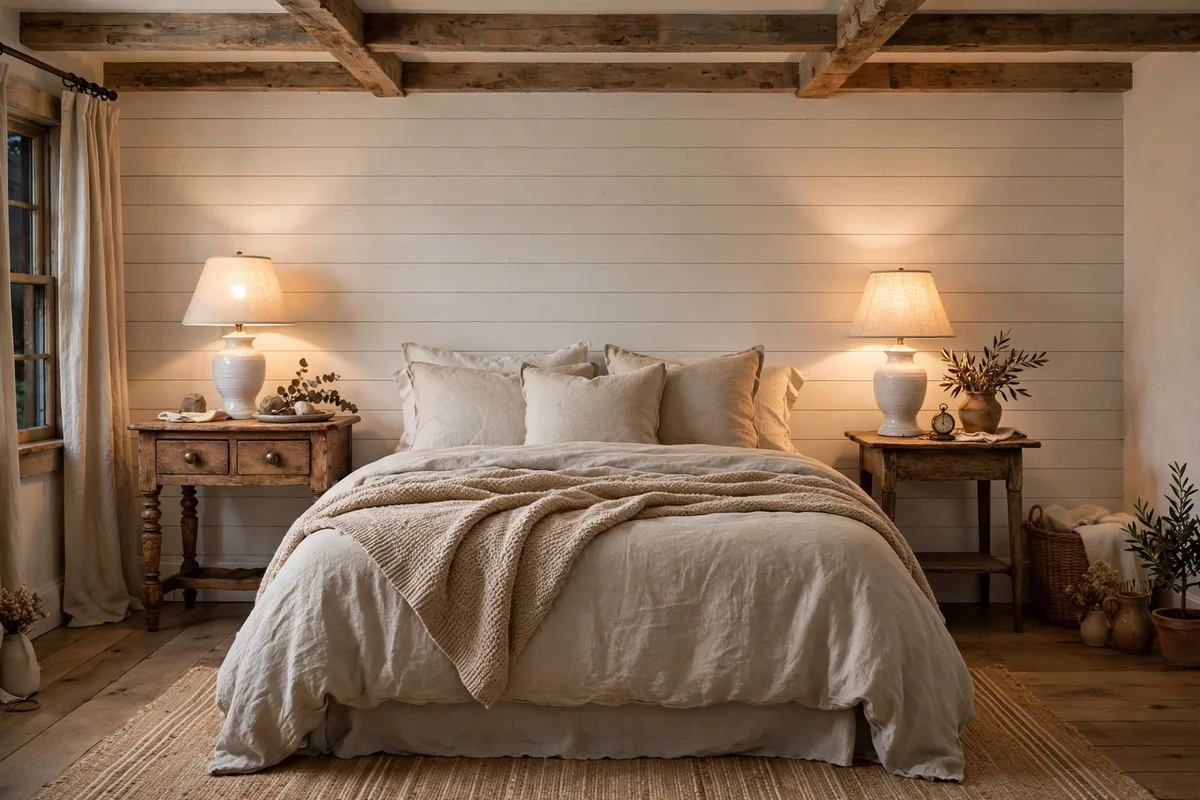 Mismatched vintage wooden nightstands with lamps in farmhouse bedroom