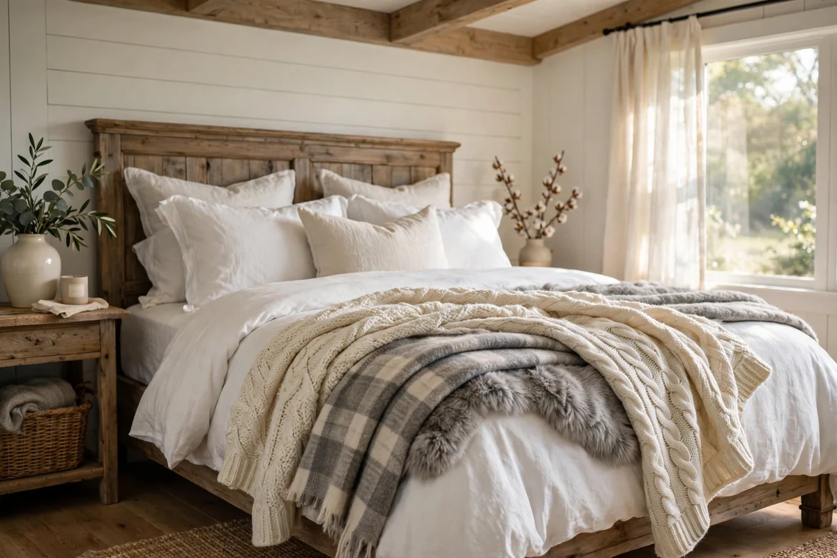 Farmhouse bed with layered knit and plaid throw blankets at foot